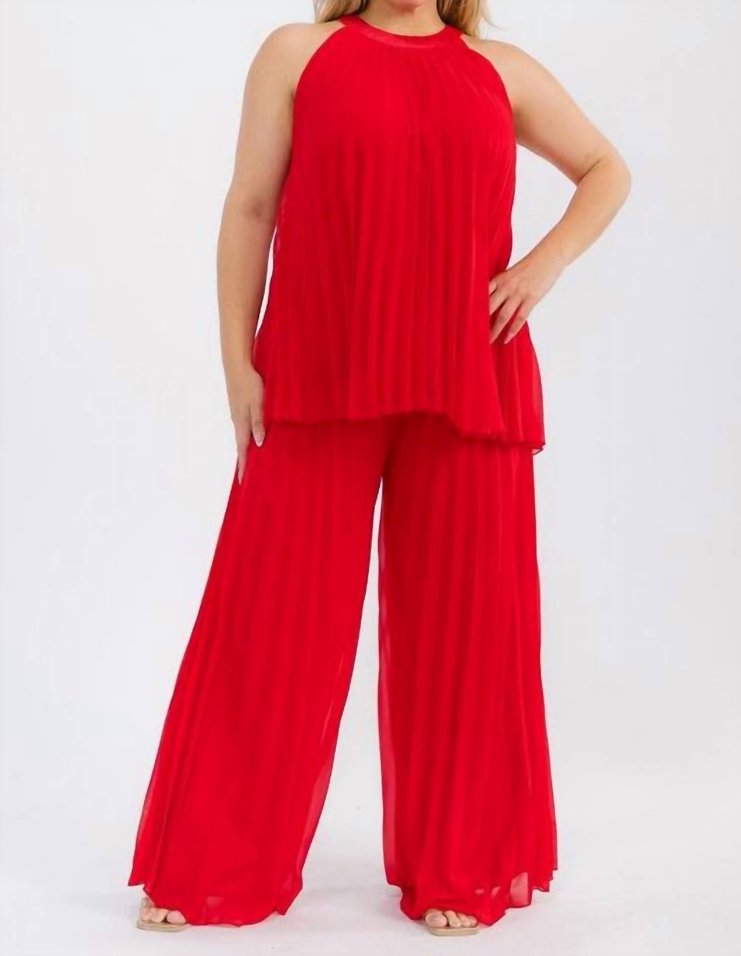 Karen T Design - Pleated Sleeveless Blouse And Elastic Waist Pleated Wide Leg Pants Set