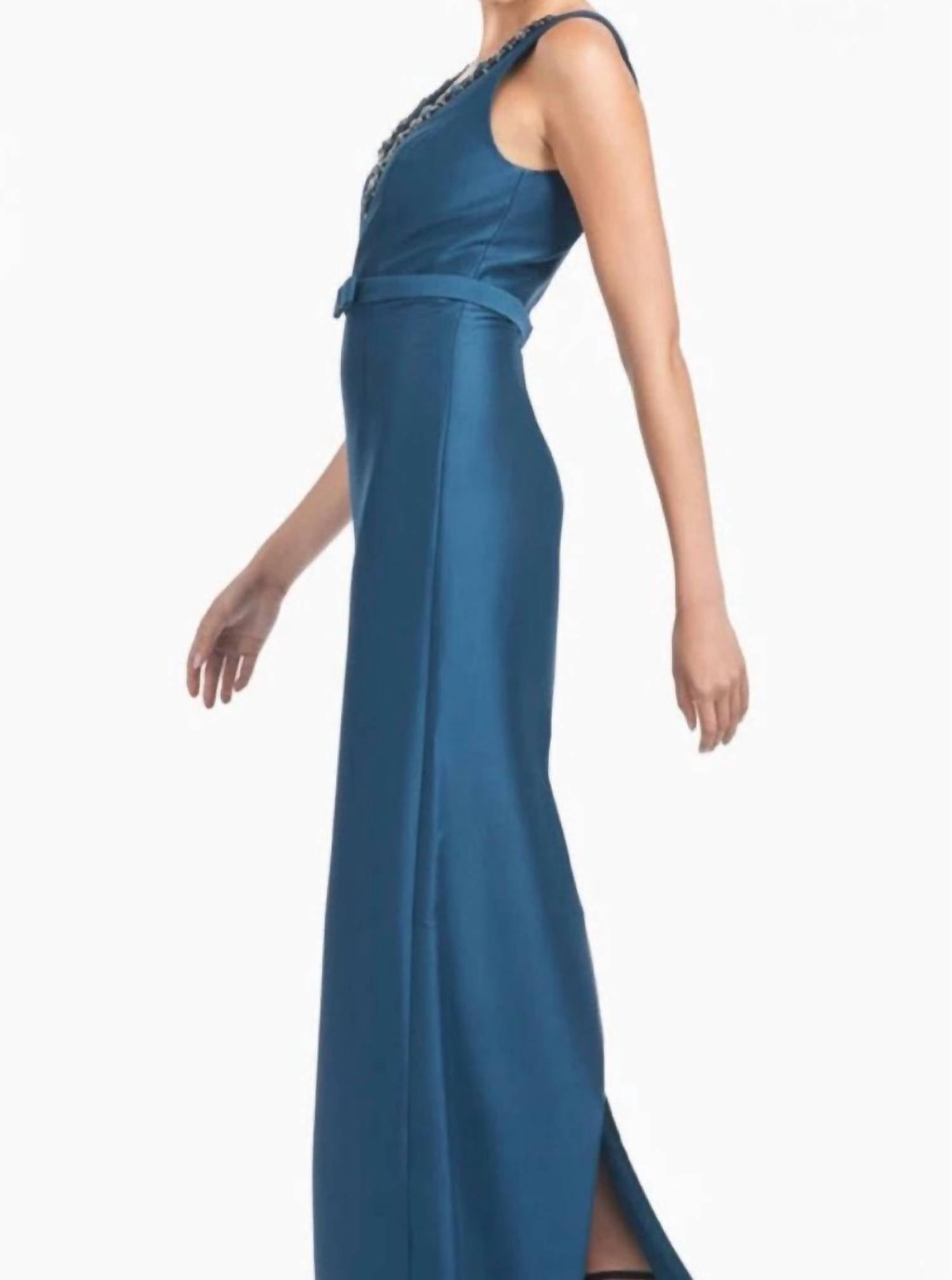 SACHIN & BABI Garda Crystal Embellished Mikado Gown in bottle green - women's dress - detail view