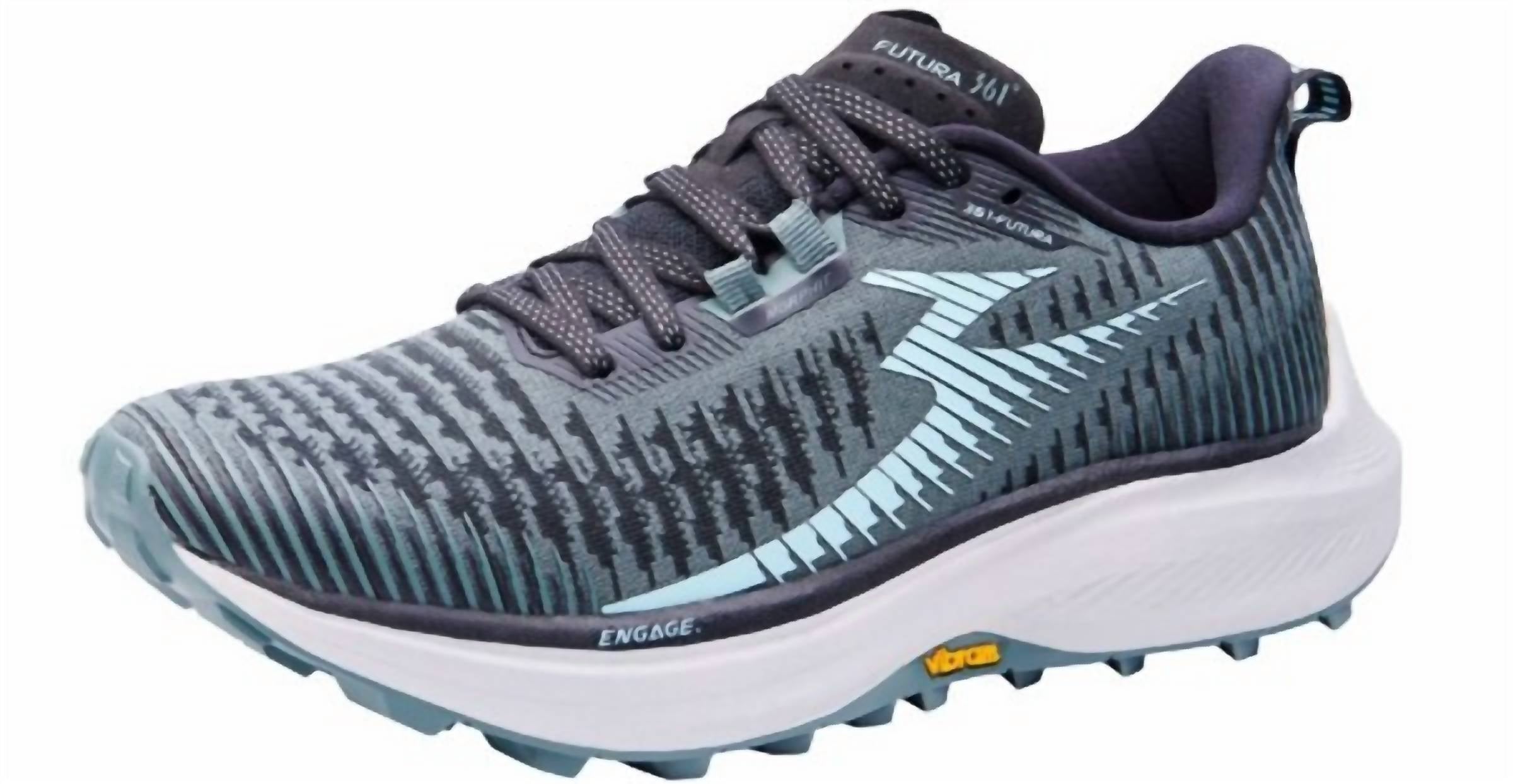361 Degrees Women's Futura Trail Running Shoes in dark forest blue tint - women's sneaker - detail view