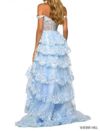 Sherri Hill Ruffle Tiered Maxi Dress in light blue - women's dress - detail view