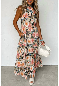 Little Daisy Closet Boho Floral Print Knotted Halter Ruffled Maxi Dress in multi - women's dress