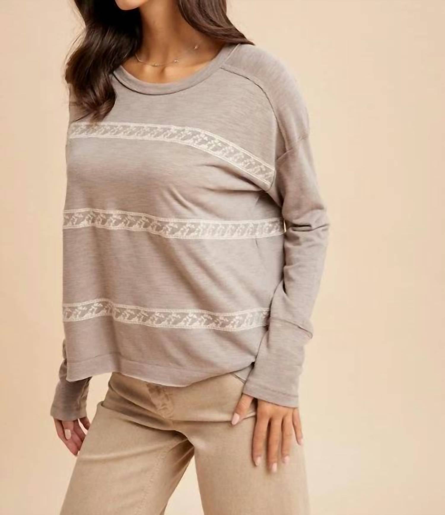 In-Loom - Floral Embroidery Striped Tee Shirt