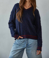 By Together - Knit Cable Sweater V-Neck Long Sleeve Pullover Top