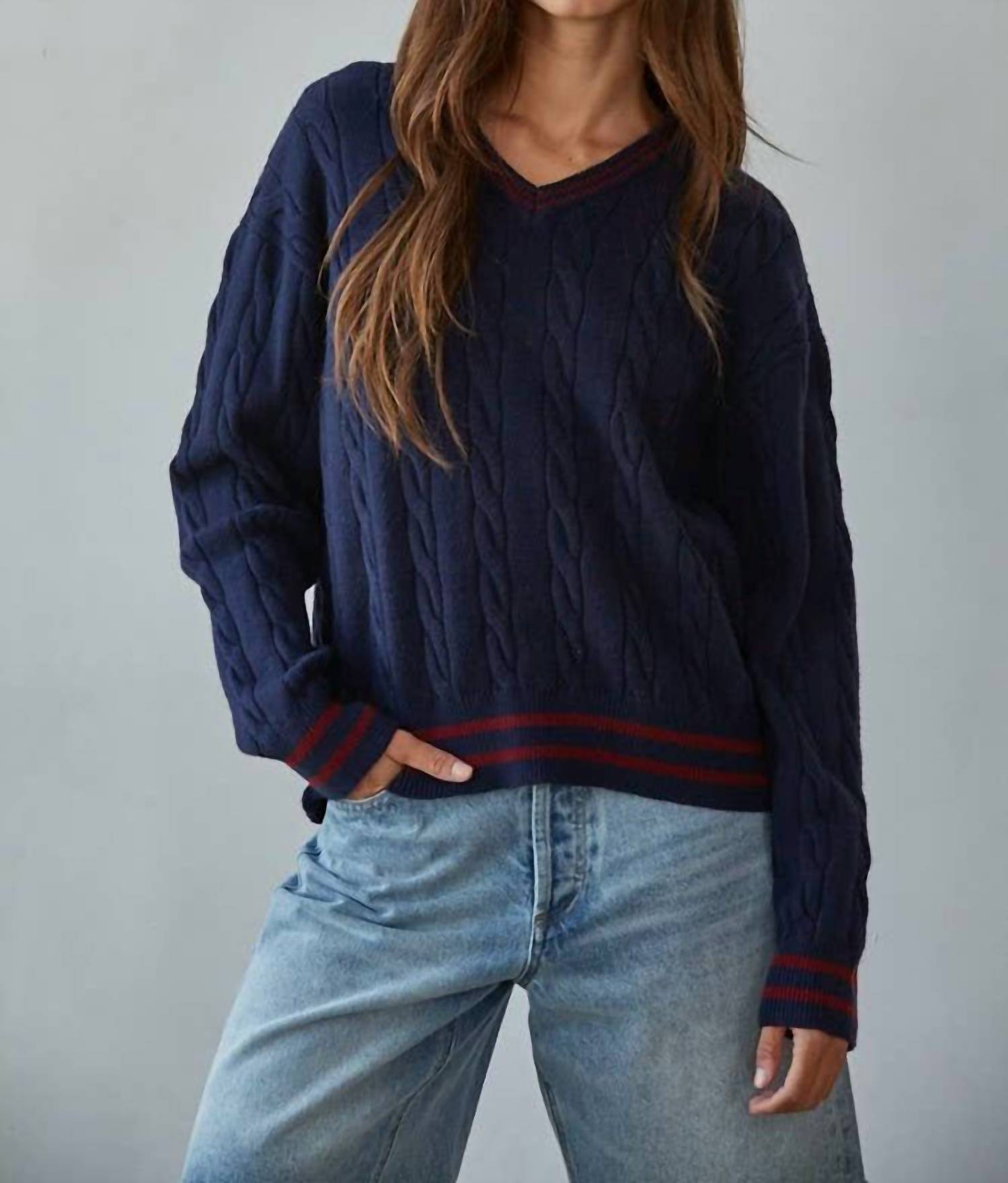 By Together - Knit Cable Sweater V-Neck Long Sleeve Pullover Top