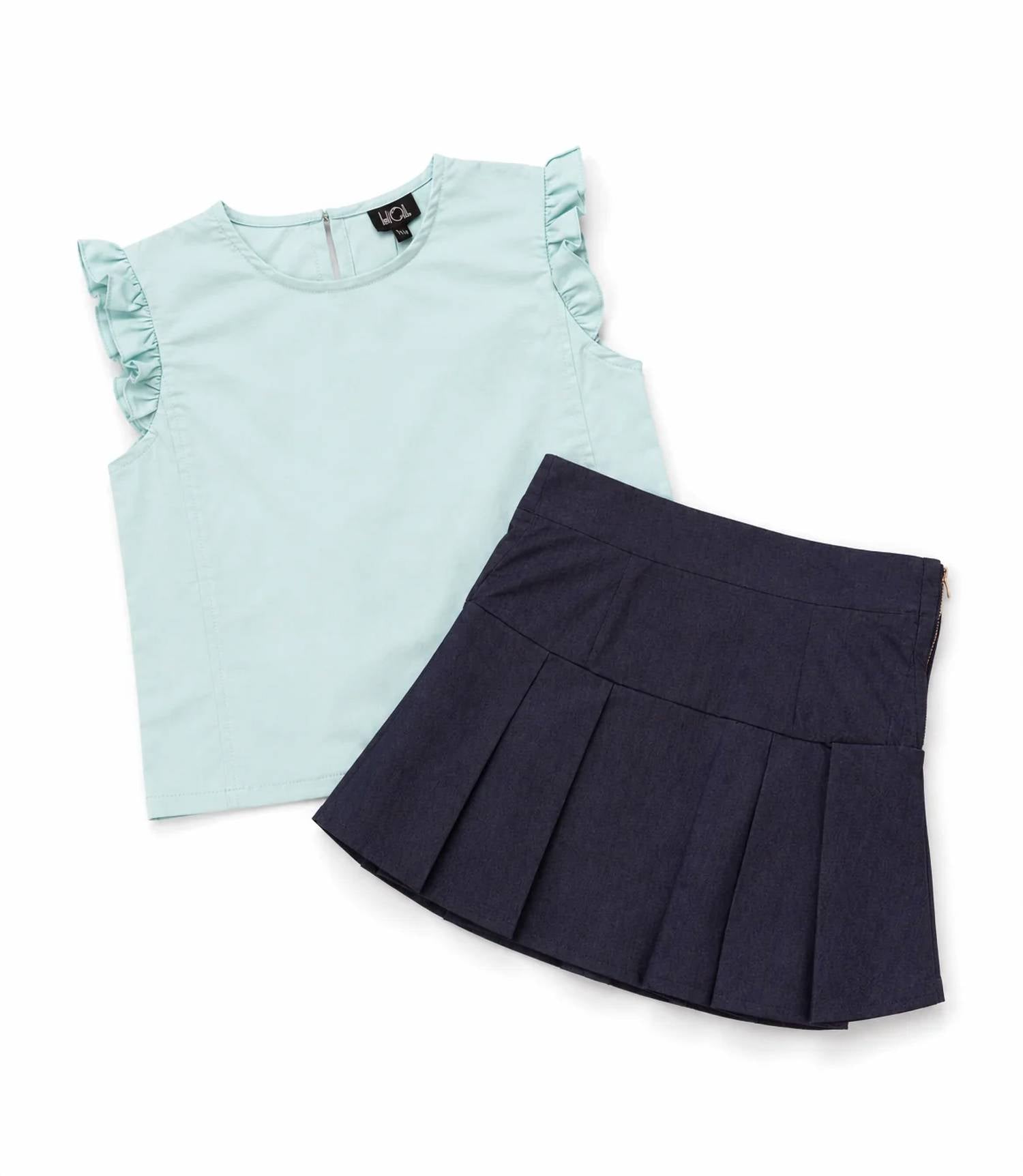 Little Olin - Ruffle Sleeve Top & Pleated Skirt Set
