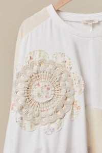 Mello Oversized Embroidered Crochet Patch Work Top in cream - women's t-shirt - detail view