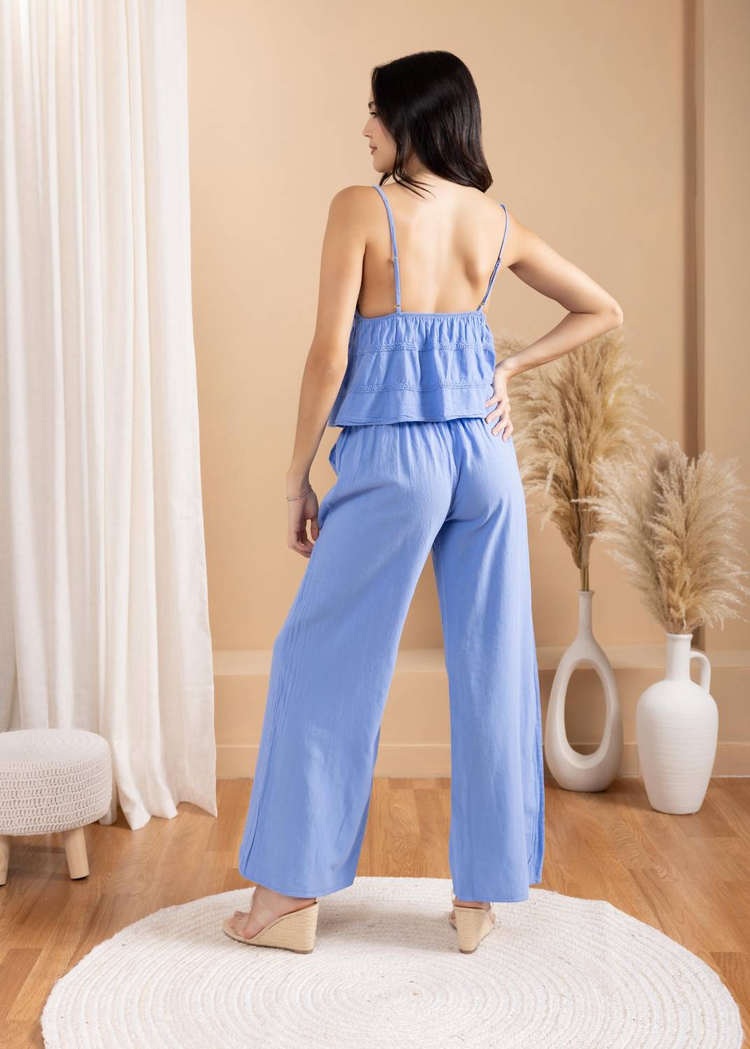 Seaspice - Open Front Top And Wide Leg Pants Set