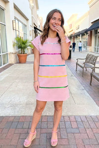 Entro - Angel Cap Sleeve Trim Embellished Dress