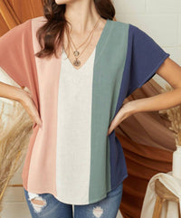 Entro - Color Block Short Sleeve V-neck Top