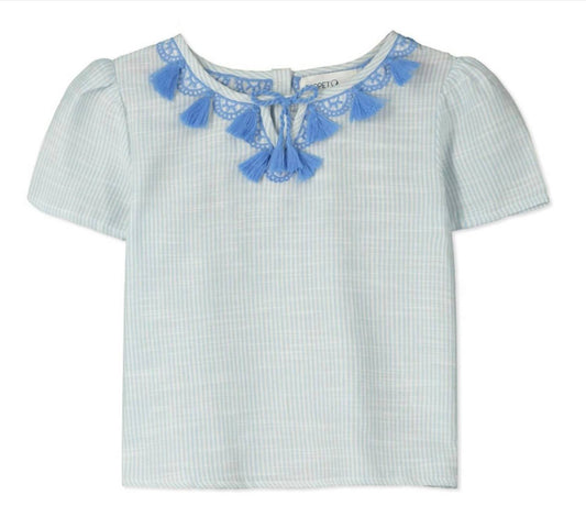 Poppet & Fox - Girls Embroidered Striped Short Sleeve Blouse