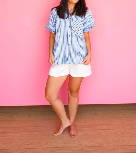 Karlie - KARLIE Stripe Poplin Bubble Sleeve Top