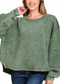 Zenana - Acid Washed Exposed-seam Sweatshirt