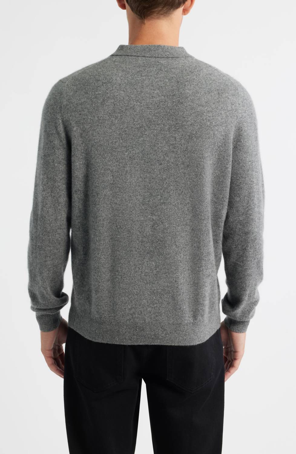 Scott Barber Fine Gauge Cashmere Polo Sweater in pewter heather - men's shirt - detail view