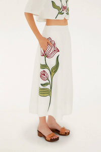 Farm Rio - Flower Embroidered Midi Skirt