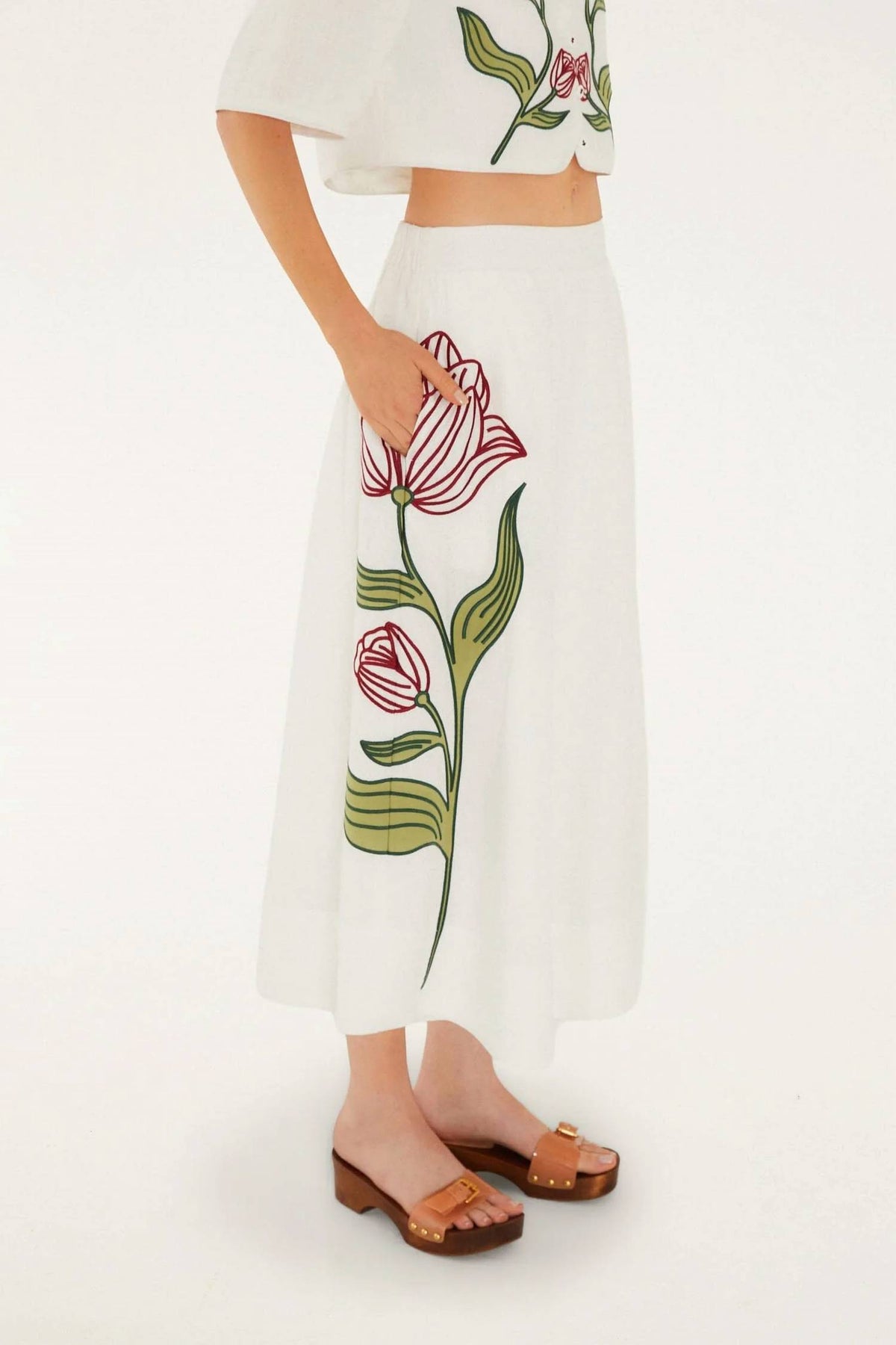 Farm Rio - Flower Embroidered Midi Skirt