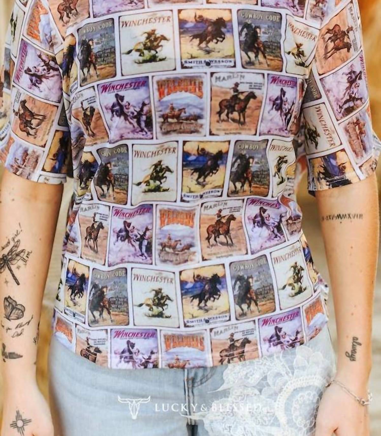 Lucky & Blessed - Vintage Rodeo Poster Print Western Mesh Top