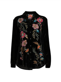 Adore Women's Velvet Button Down Top in black - women's shirt - detail view