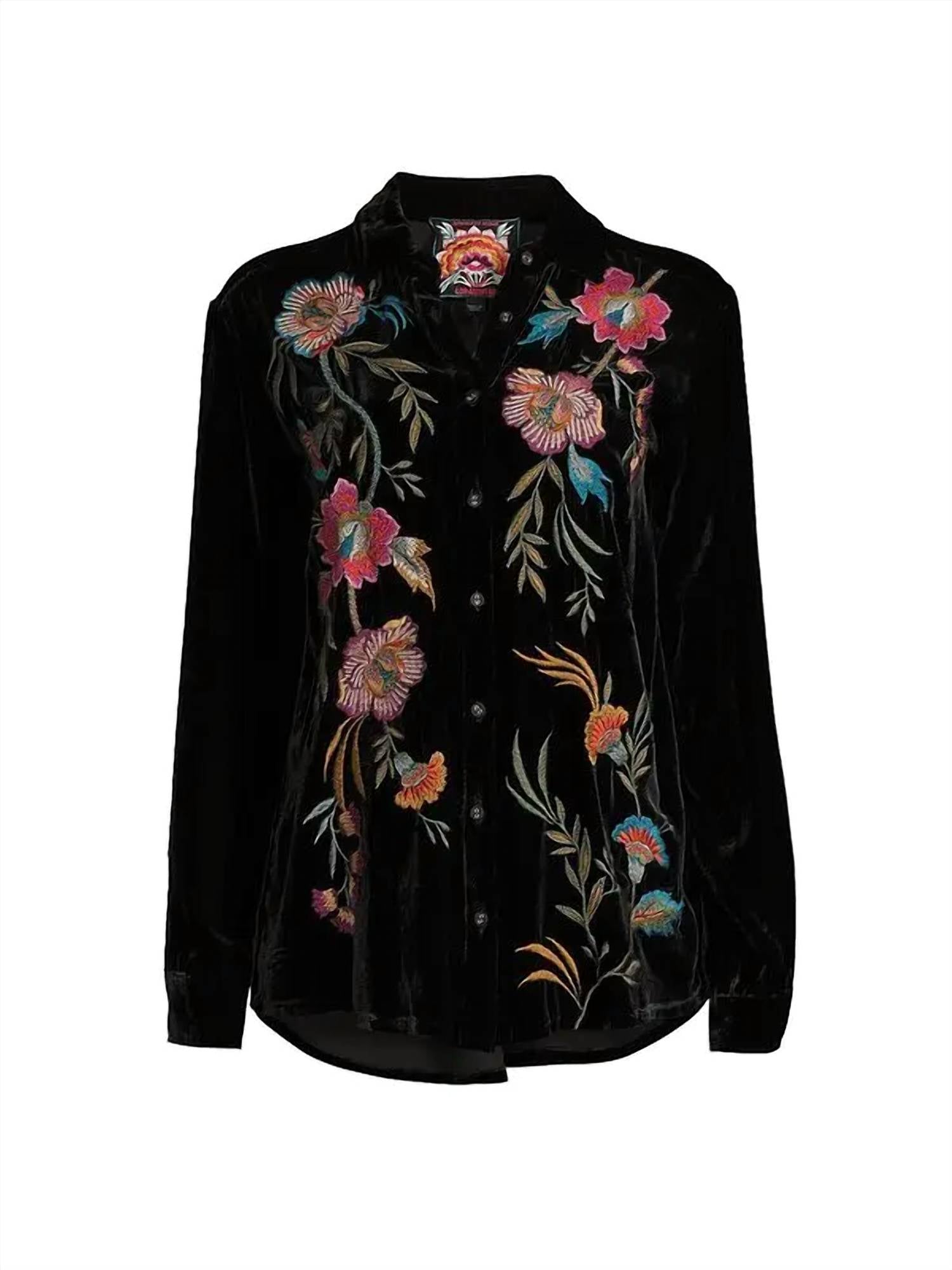 Adore Women's Velvet Button Down Top in black - women's shirt - detail view