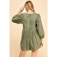 Veveret - V-neck Puff Sleeve Denim Romper