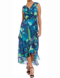 London Times - Flower Print Faux Wrap Midi Dress