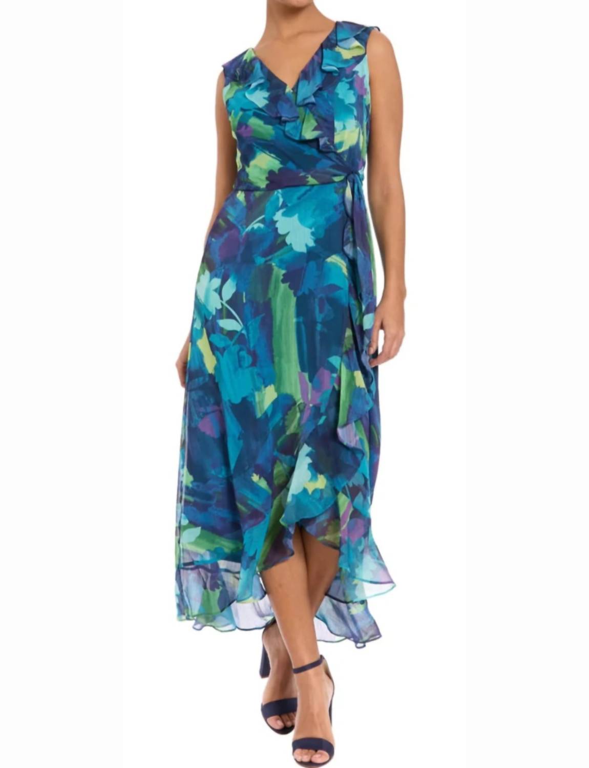 London Times - Flower Print Faux Wrap Midi Dress