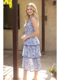 Voy - contrast binded tassel detail tiered midi print dress