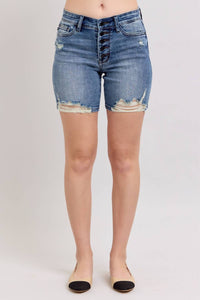 Judy Blue Button Fly Mid Lengthshorts With Destroy in blue - women's shorts