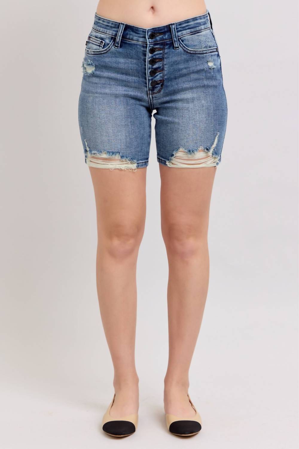 Judy Blue Button Fly Mid Lengthshorts With Destroy in blue - women's shorts
