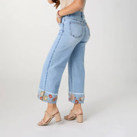 Coco + Carmen - Women's Everstretch Wide Leg Crop Embroidered Cuff Jeans