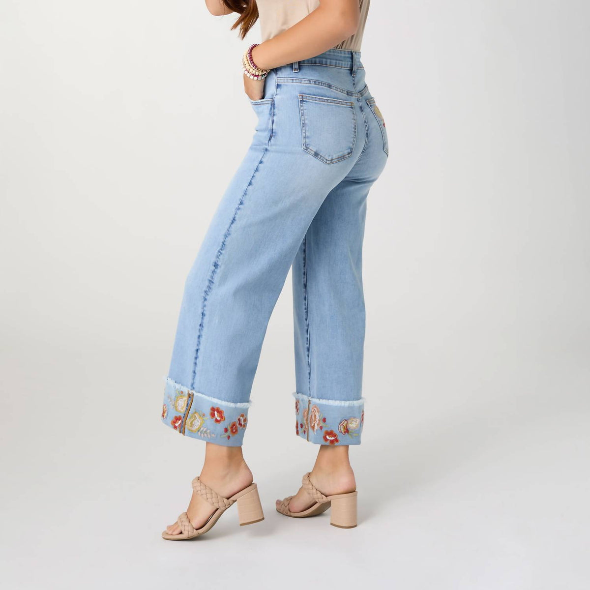 Coco + Carmen - Women's Everstretch Wide Leg Crop Embroidered Cuff Jeans