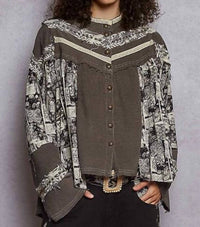 Pol - High Neck Printed Contrast Stud Shirt Top