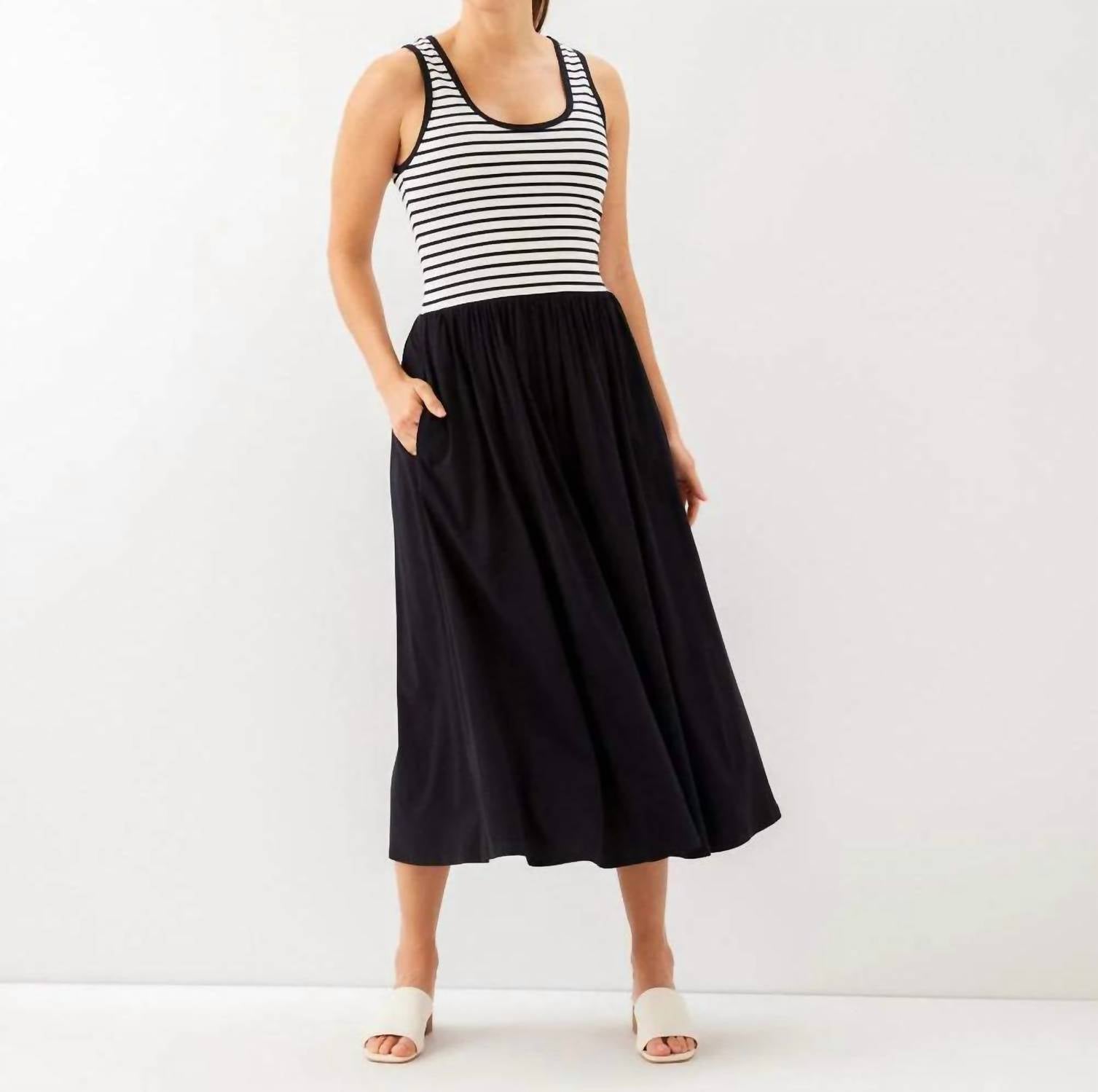 Karen Kane - Sleeveless Stripe Bodice Mixed-Media Midi Dress