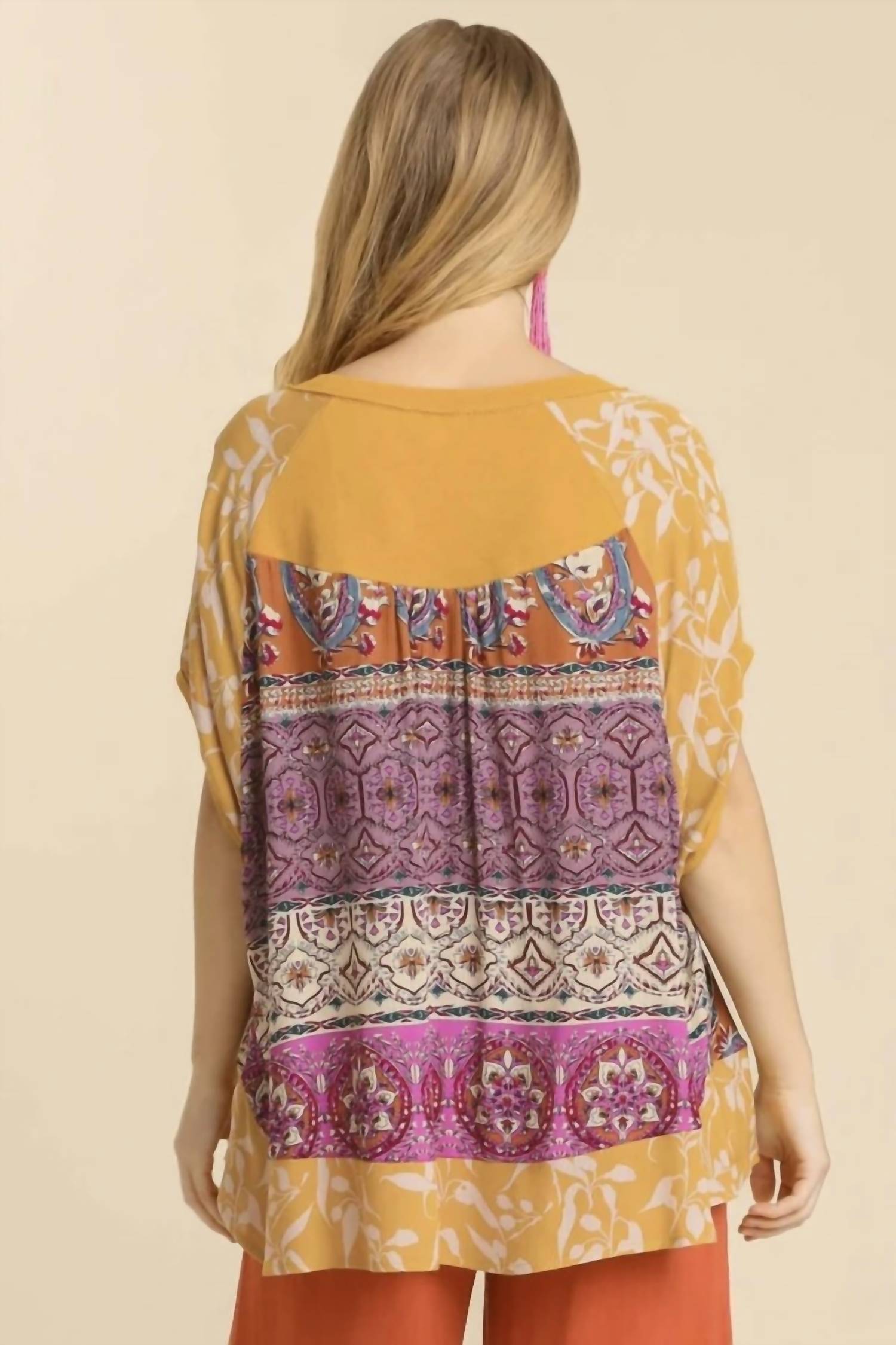umgee Mixed Print Short Sleeve Top in goldenrod - women's blouse - view 6
