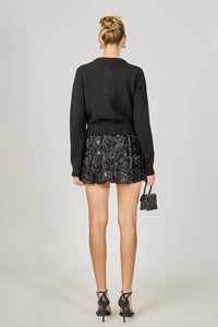endless rose Round Neck Bow Trim Cardigan in black - women's sweater - detail view