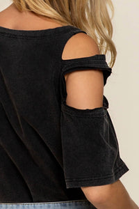 POL Distressed Short Sleeve Cotton Top in black - women's blouse - alternate view
