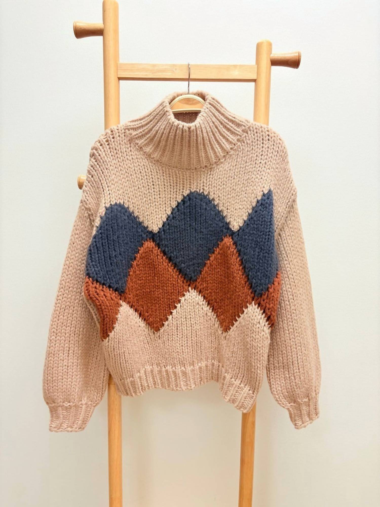 AnnieWear Argyle Pattern Turtleneck Yarn Sweater in beige - women's sweater - alternate view