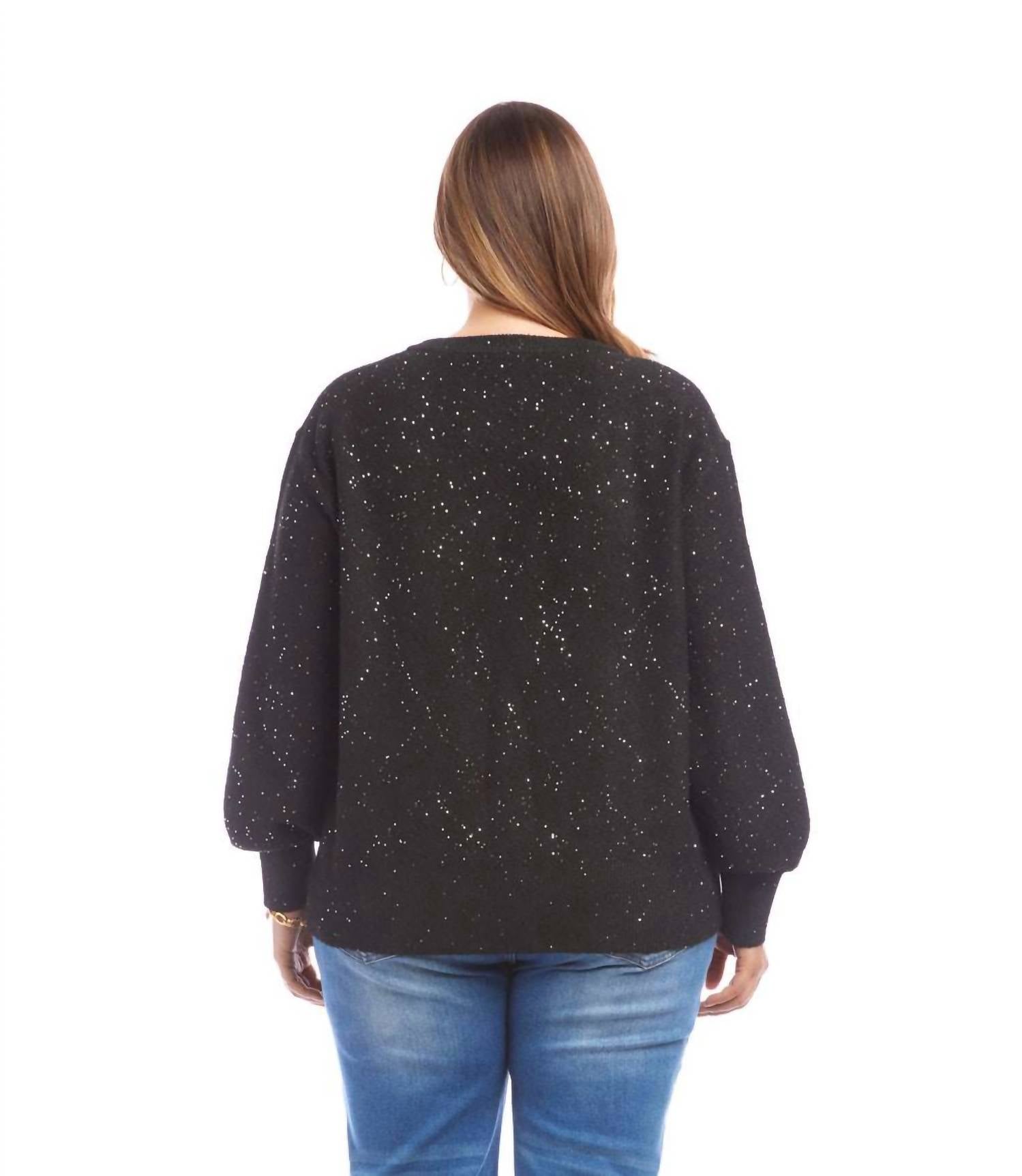 Karen Kane Sequin V-neck Sweater - Plus in black - women's sweater - detail view