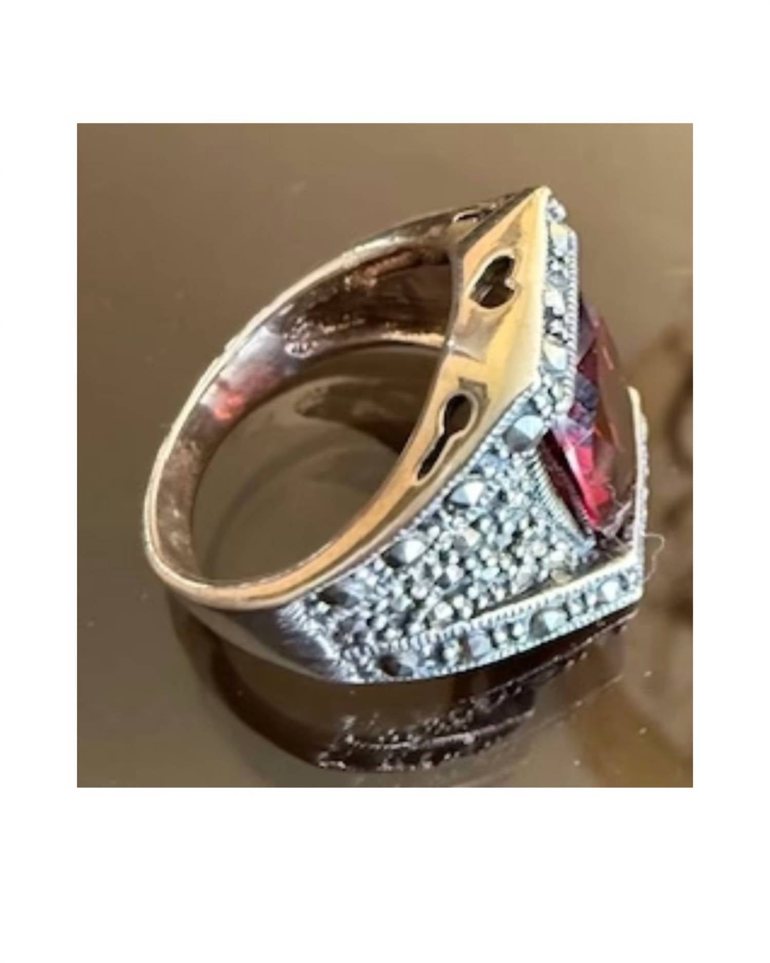 P & K Jewelry Women's Sterling Marcasite Emerald Cut Ring in red silver - women's jewelry - detail view