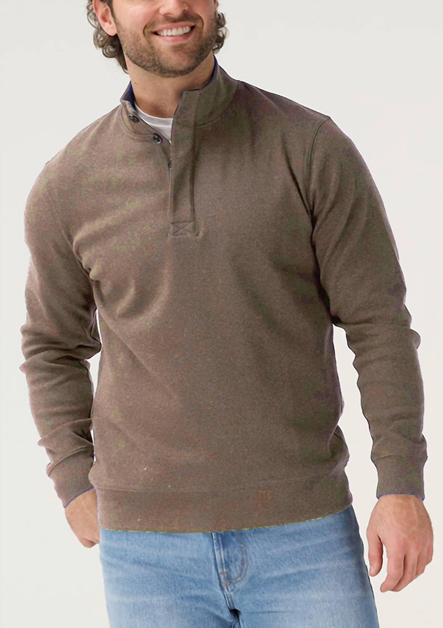The Normal Brand Puremeso Everyday Button Pullover in taupe - men's long sleeve top