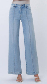 FLYING MONKEY High Rise Full Length Cut Seam Detail Wide Jeans in light wash - women's pants - view 4