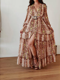 Little Secret Of Mine - Snake Print Maxi Dress With Slit And Long Sleeves