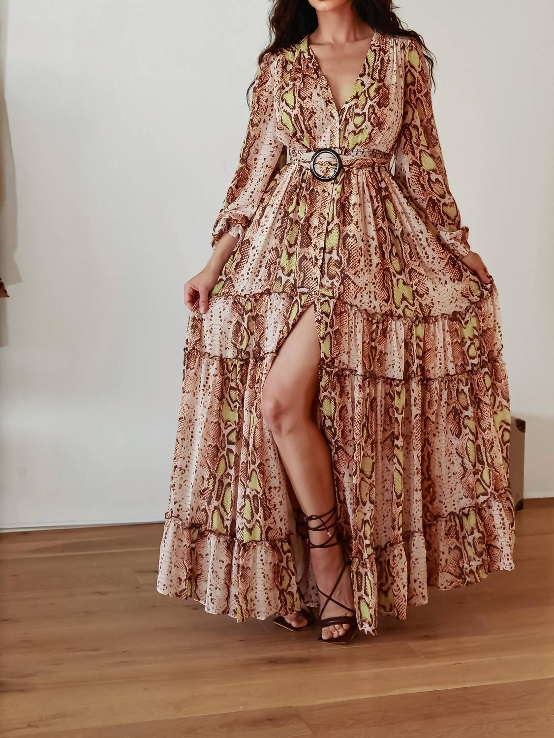 Little Secret Of Mine - Snake Print Maxi Dress With Slit And Long Sleeves