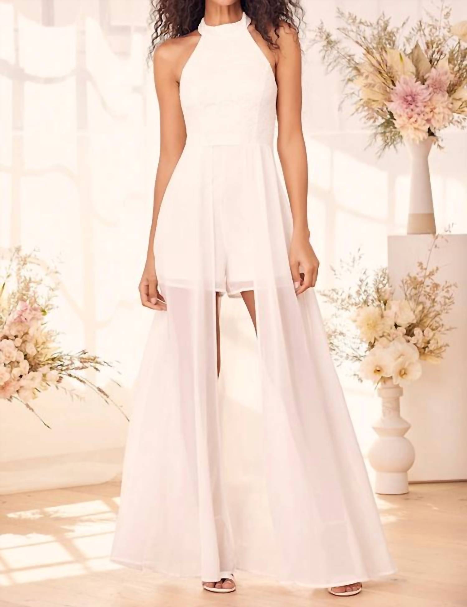 Lulus - Women's Love Speaks Lace Halter Maxi Romper