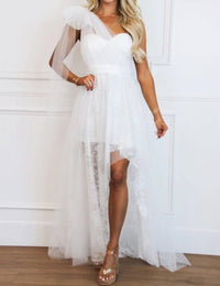 Maniju - Stay Together One Shoulder Bow Lace High Low Maxi Dress