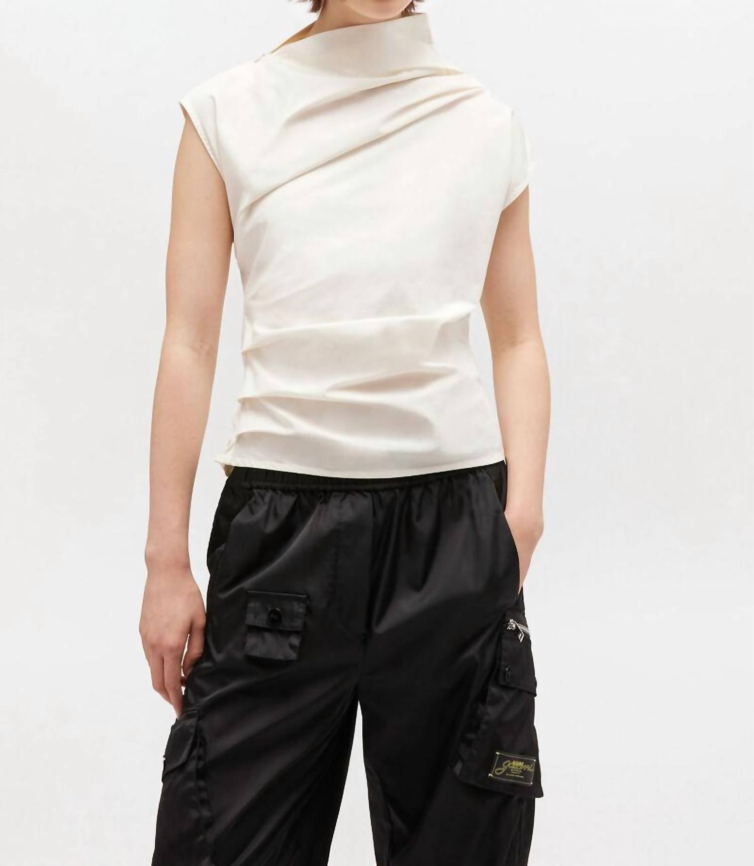 GANNI Stretch Cotton Ruched Top in egret - women's t-shirt