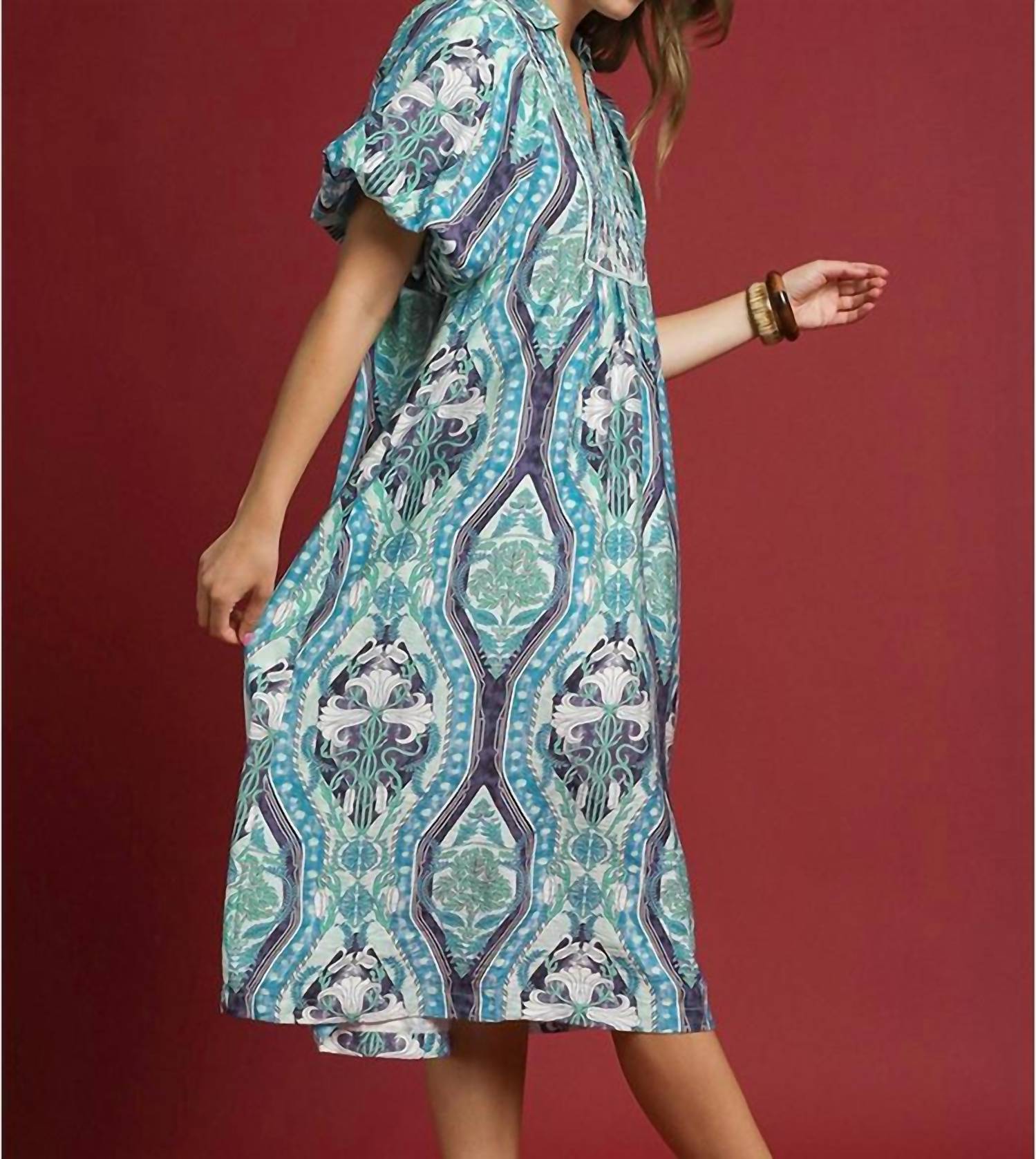 umgee midi dress Marley Brown Mix by RESTOCK Soon 7.5 Waist Umgee Vibrant Ruffle Smocked Midi