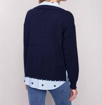 CHARLIE B Margaret Layered Poplin Sweater in navy - women's sweater - detail view