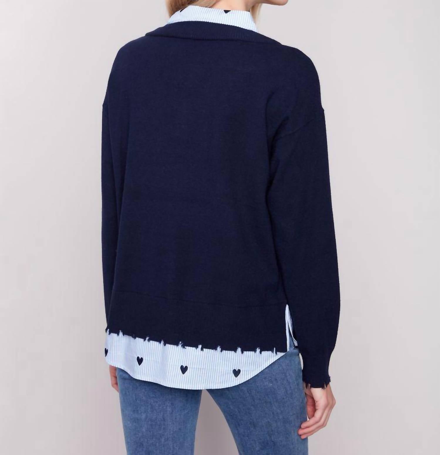 CHARLIE B Margaret Layered Poplin Sweater in navy - women's sweater - detail view