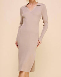 Allie Rose - Ribbed V Neck Collar Long Sweater Dress
