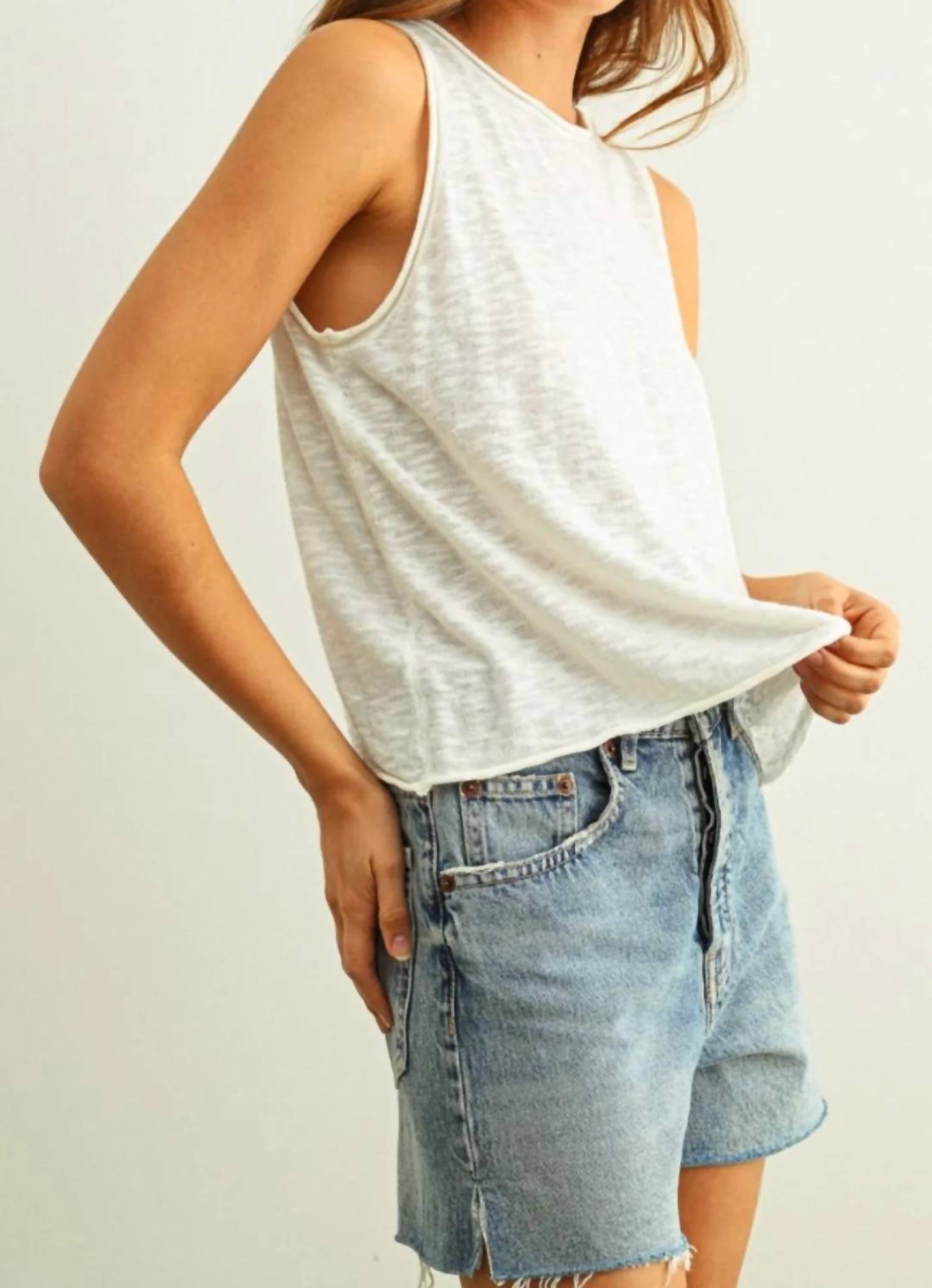 Miou Muse - Sleeveless Slub Knitted Top With Rolled Hem Detail